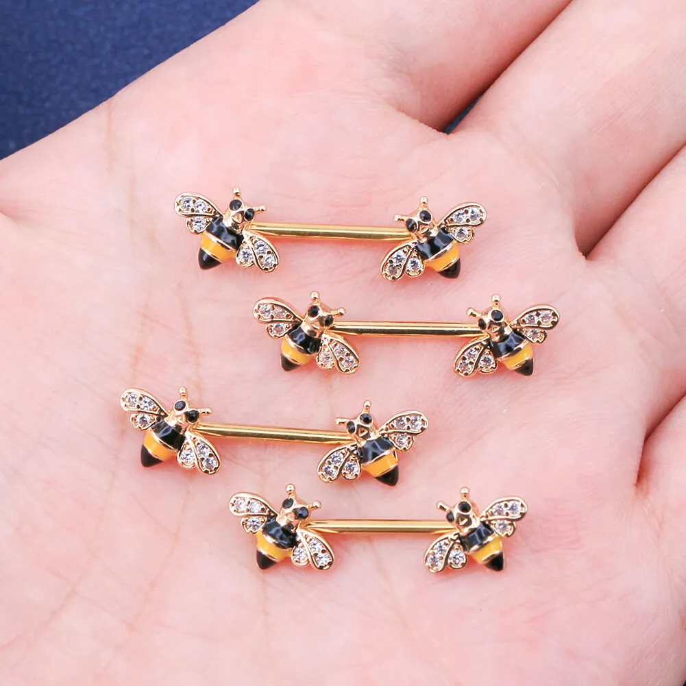 14G Crystal CZ Golden Honeybee Nipple Barbell Jewelry