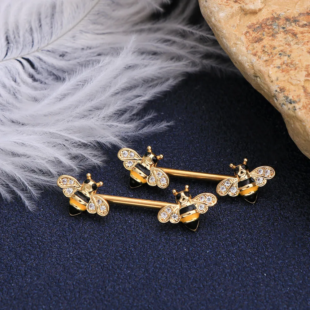 14G Crystal CZ Golden Honeybee Nipple Barbell Jewelry