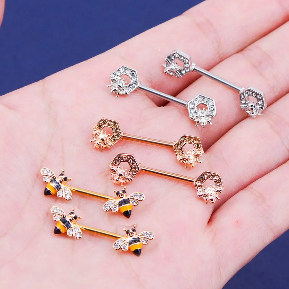 14G Crystal CZ Golden Honeybee Nipple Barbell Jewelry