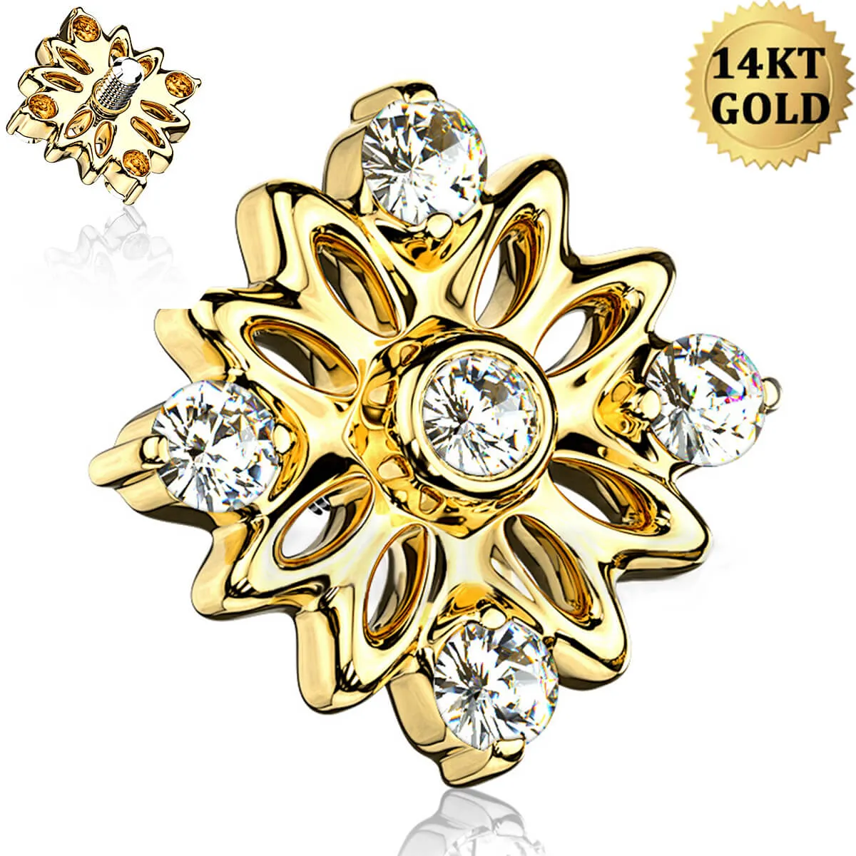 14K Gold 16G Flower Dermal Top Internally Threaded Dermal Jewelry