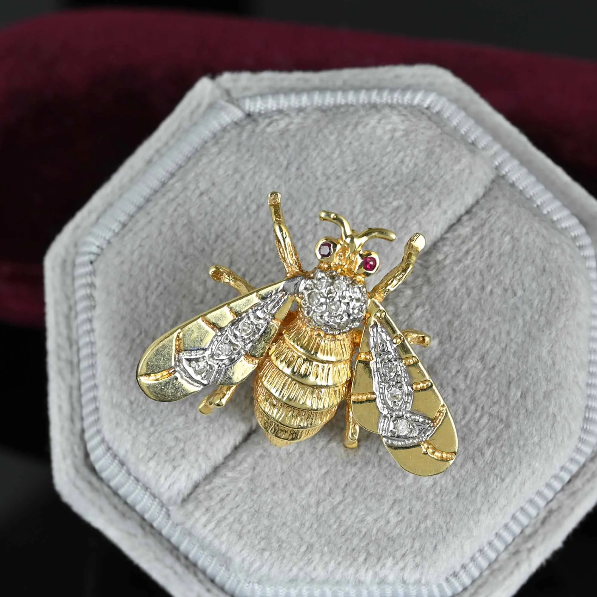 14K Gold Bumble Bee Brooch with Ruby and Diamond Accents