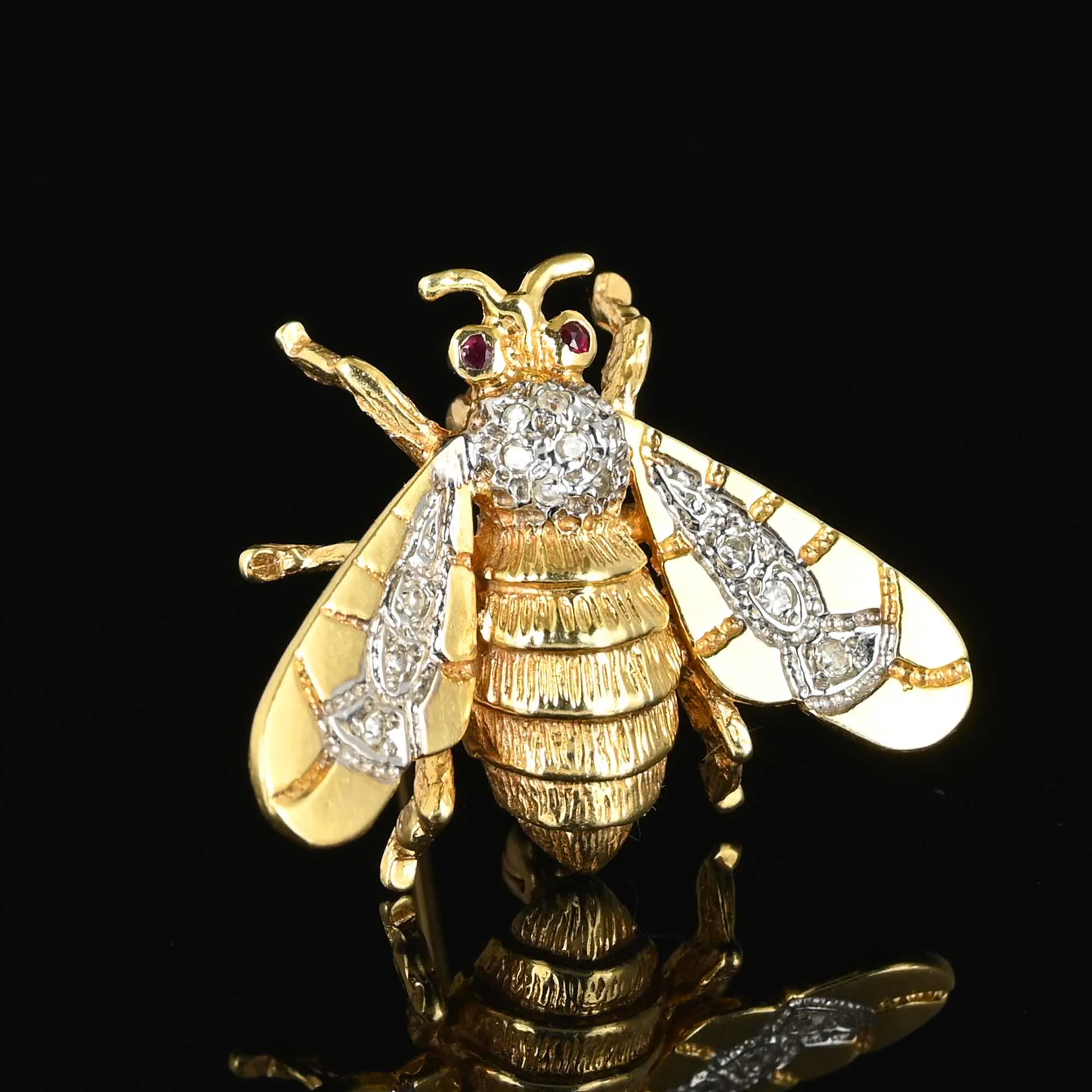 14K Gold Bumble Bee Brooch with Ruby and Diamond Accents