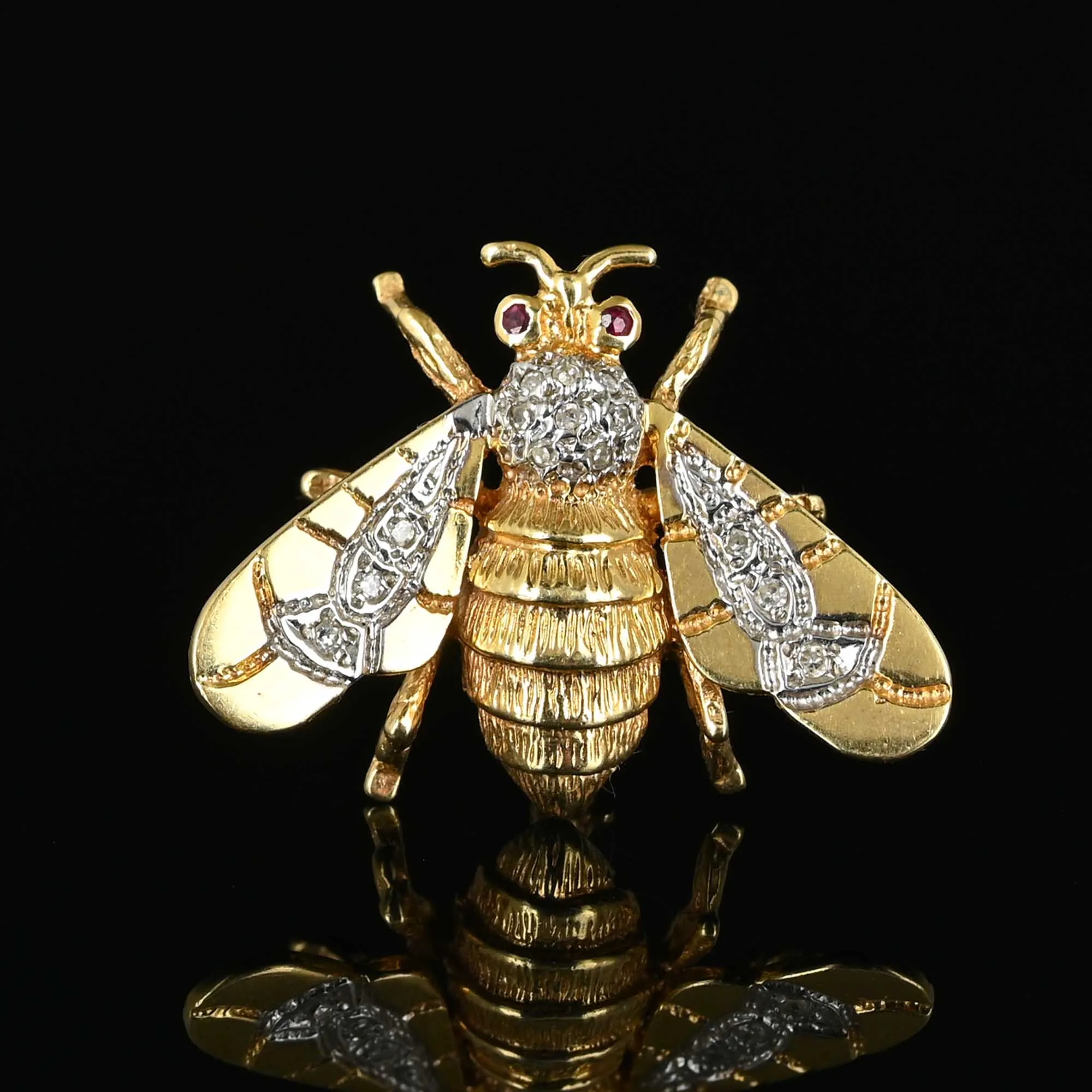 14K Gold Bumble Bee Brooch with Ruby and Diamond Accents