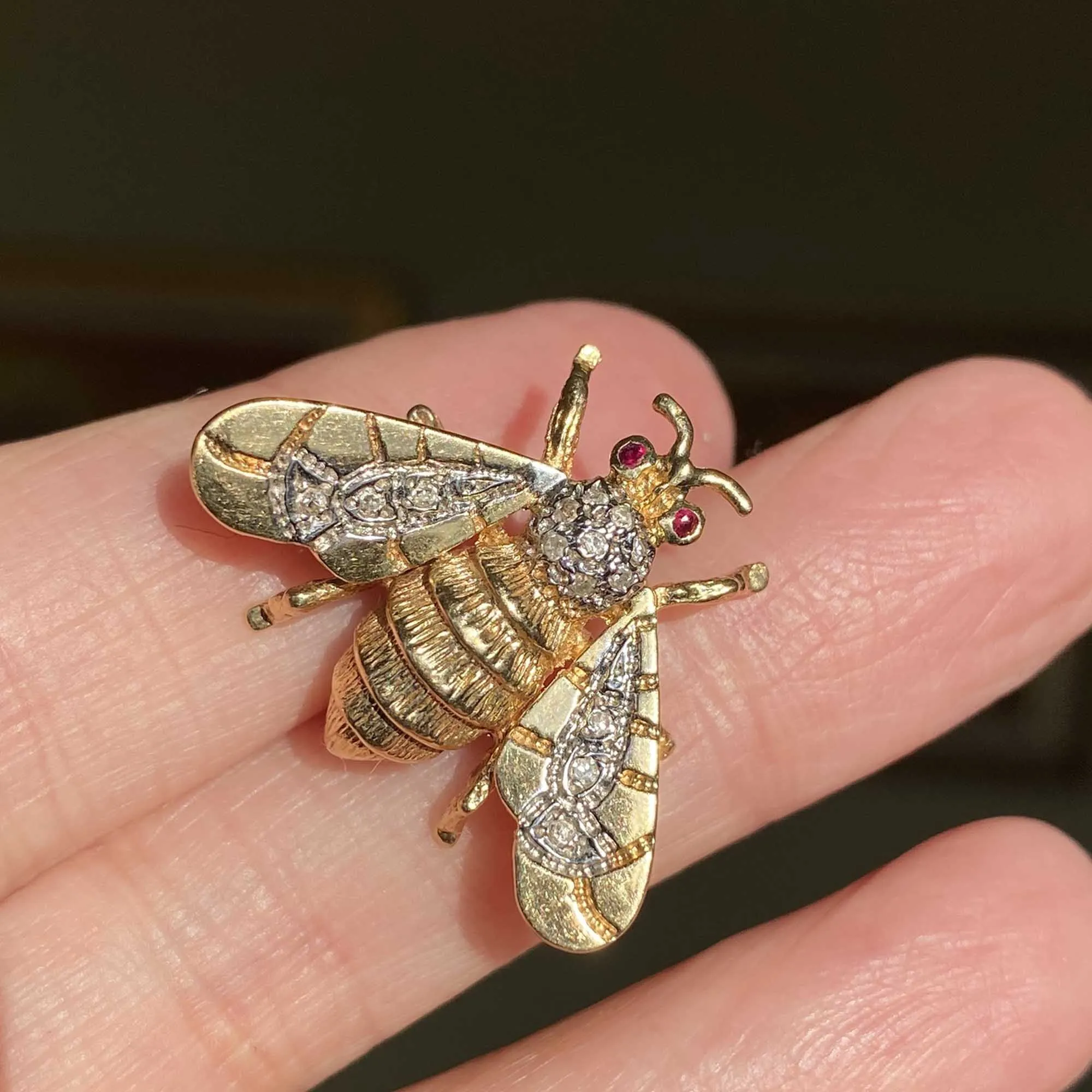 14K Gold Bumble Bee Brooch with Ruby and Diamond Accents