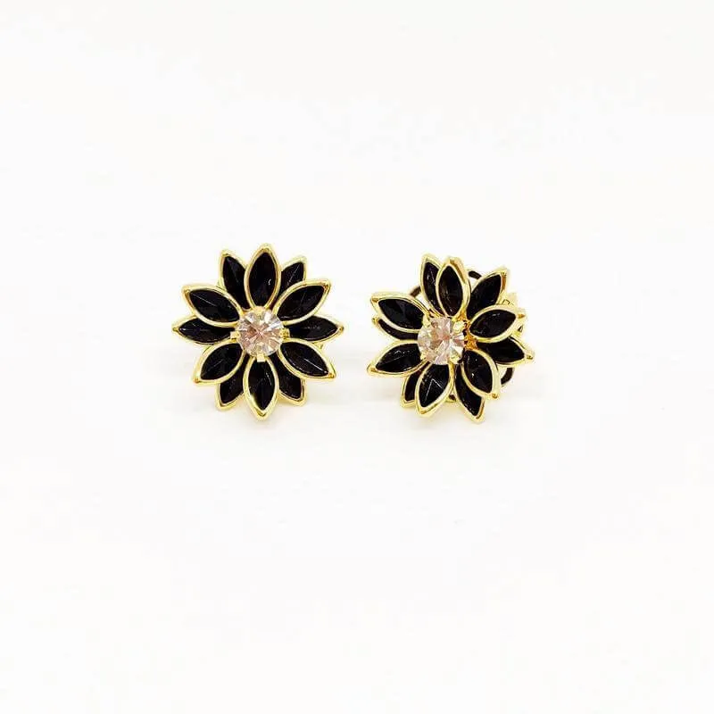 18k Gold Filled Black Flower Earrings Pendant Necklace Set