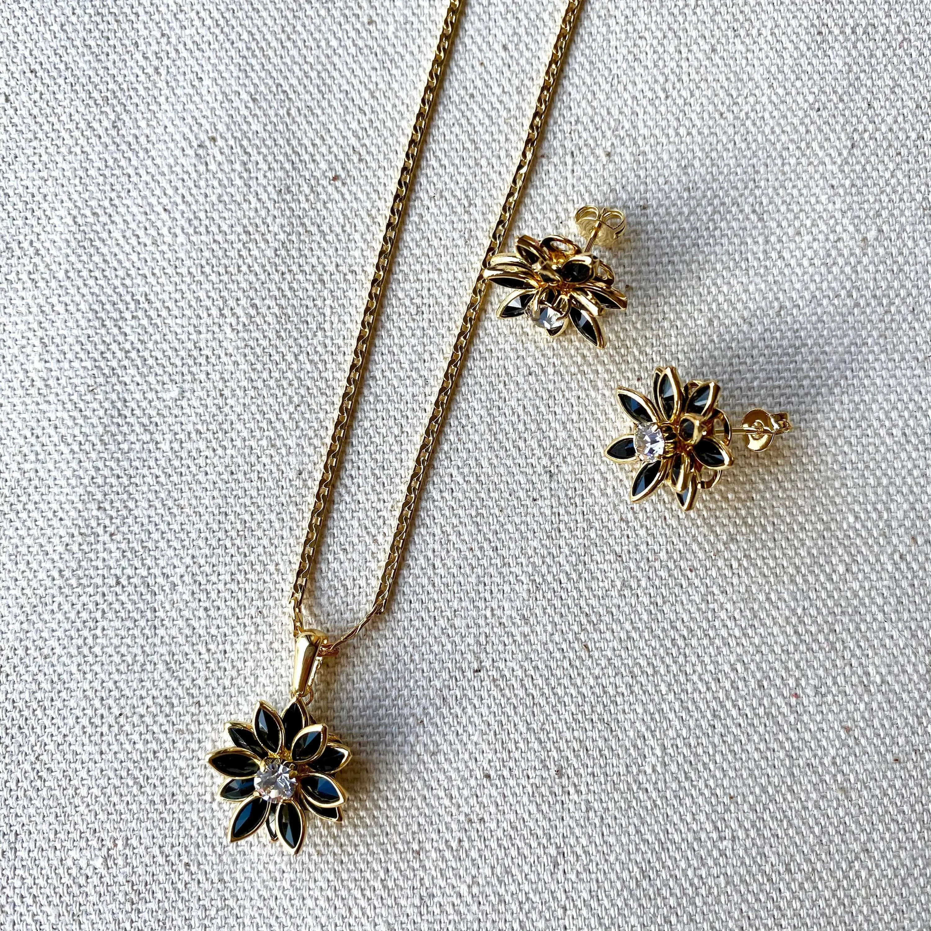 18k Gold Filled Black Flower Earrings Pendant Necklace Set