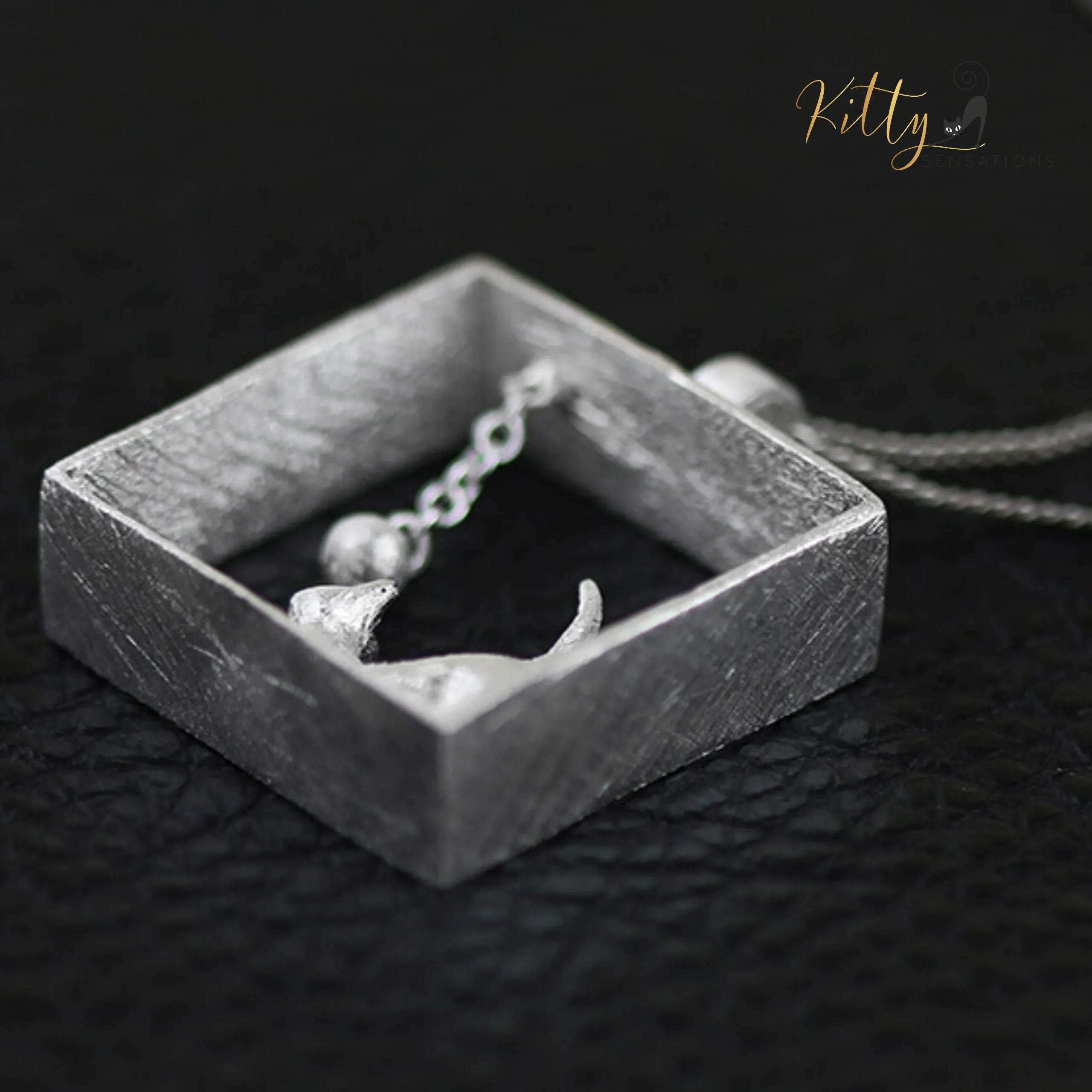 3D Playful-Kitty-in-Square-Frame Necklace in Solid 925 Sterling Silver