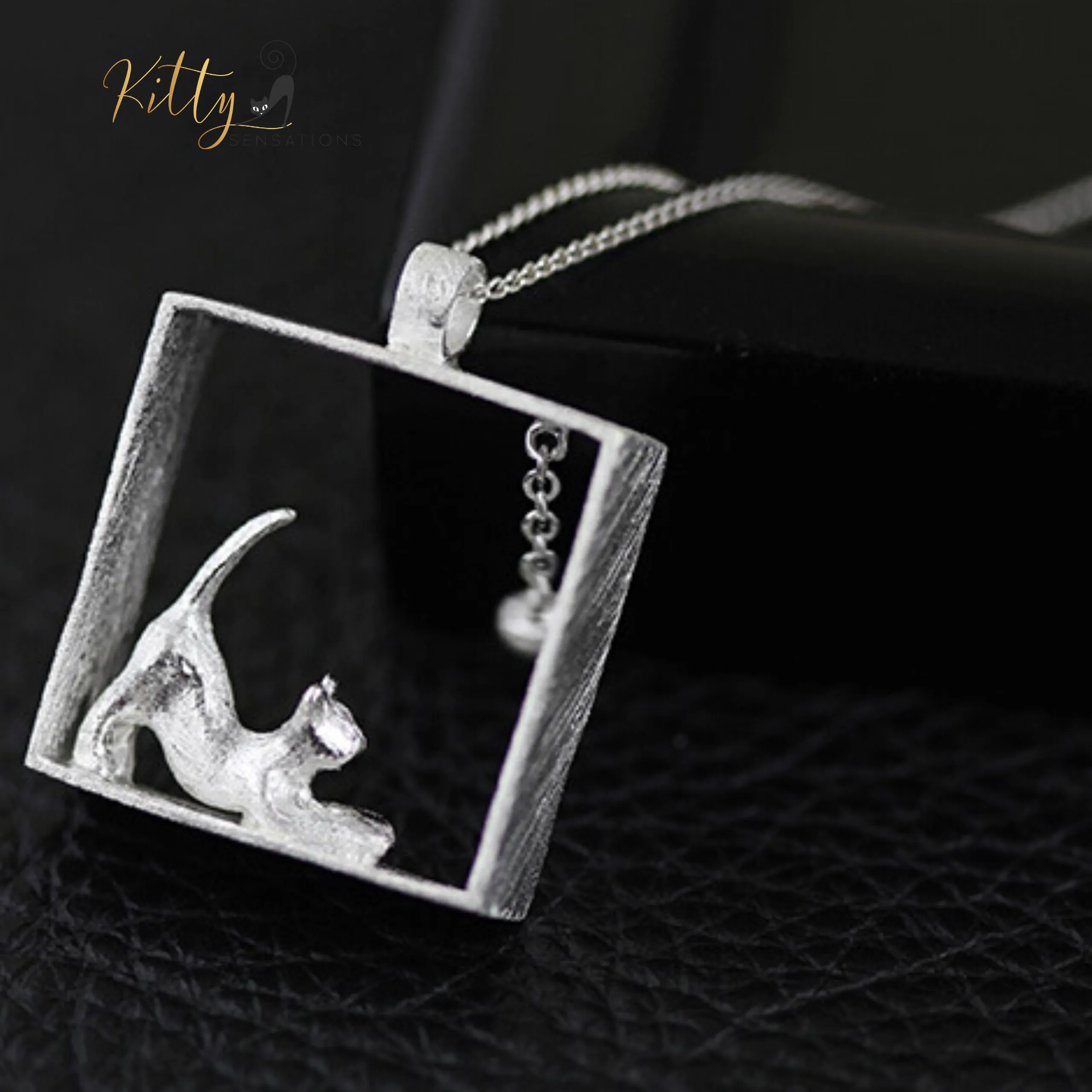 3D Playful-Kitty-in-Square-Frame Necklace in Solid 925 Sterling Silver