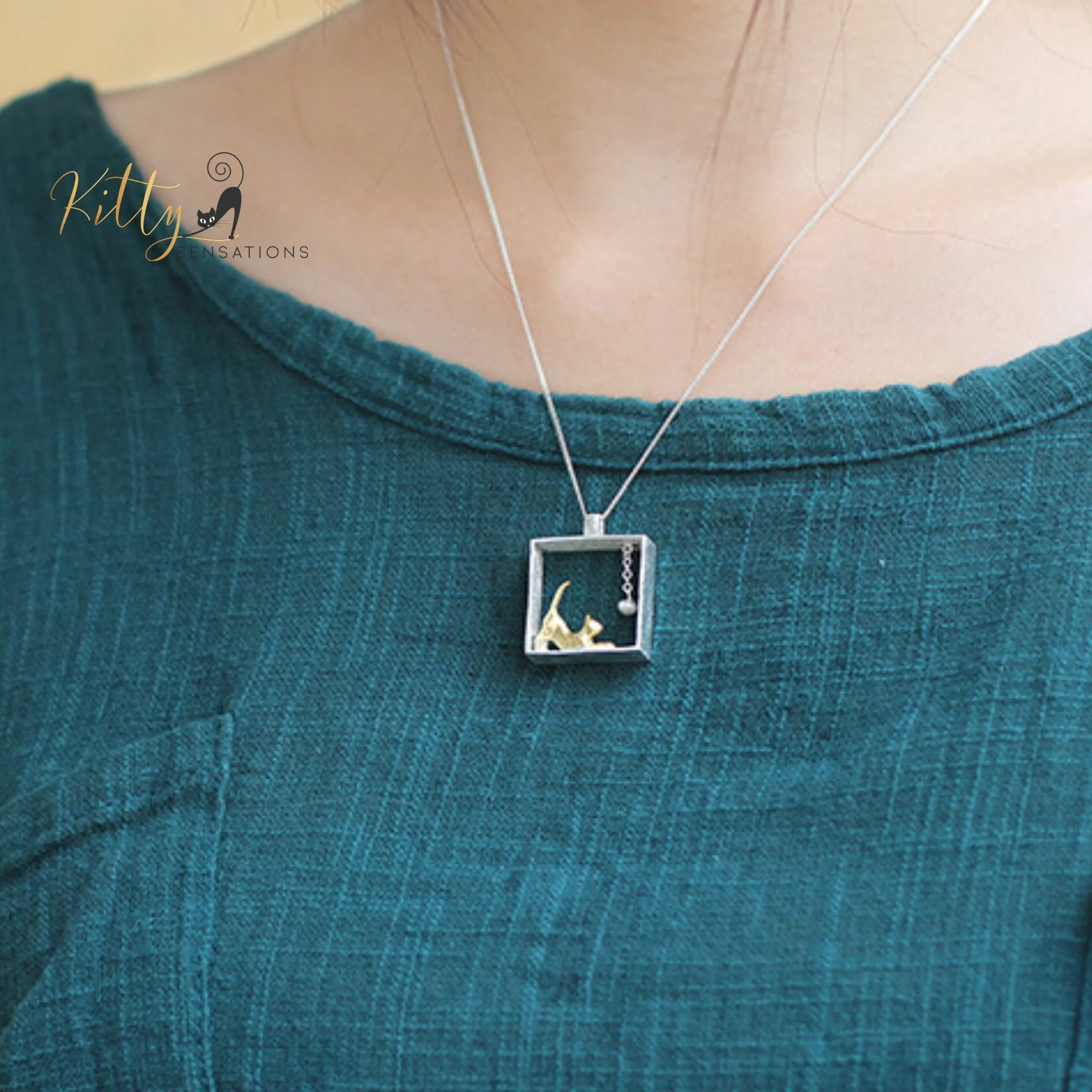 3D Playful-Kitty-in-Square-Frame Necklace in Solid 925 Sterling Silver