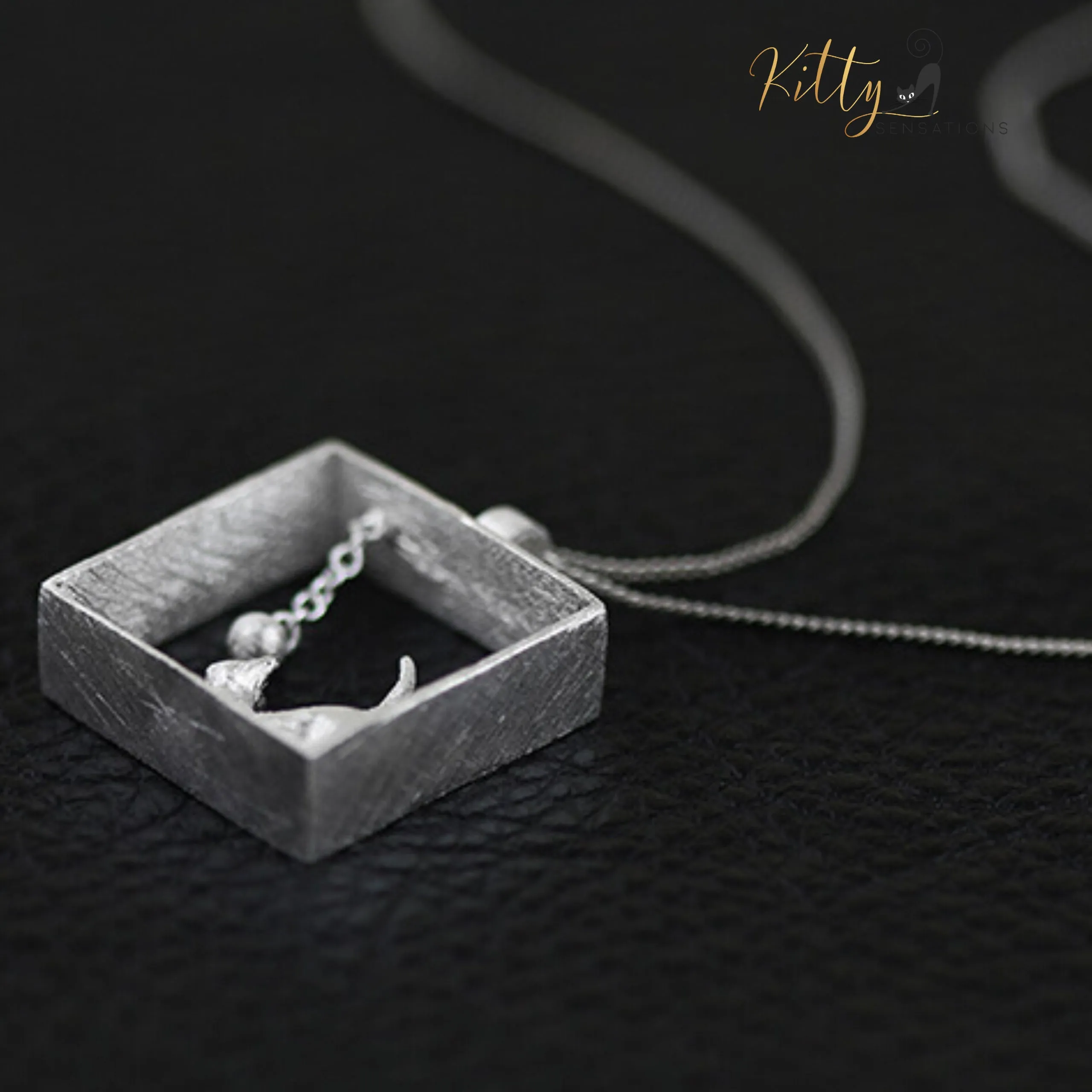 3D Playful-Kitty-in-Square-Frame Necklace in Solid 925 Sterling Silver