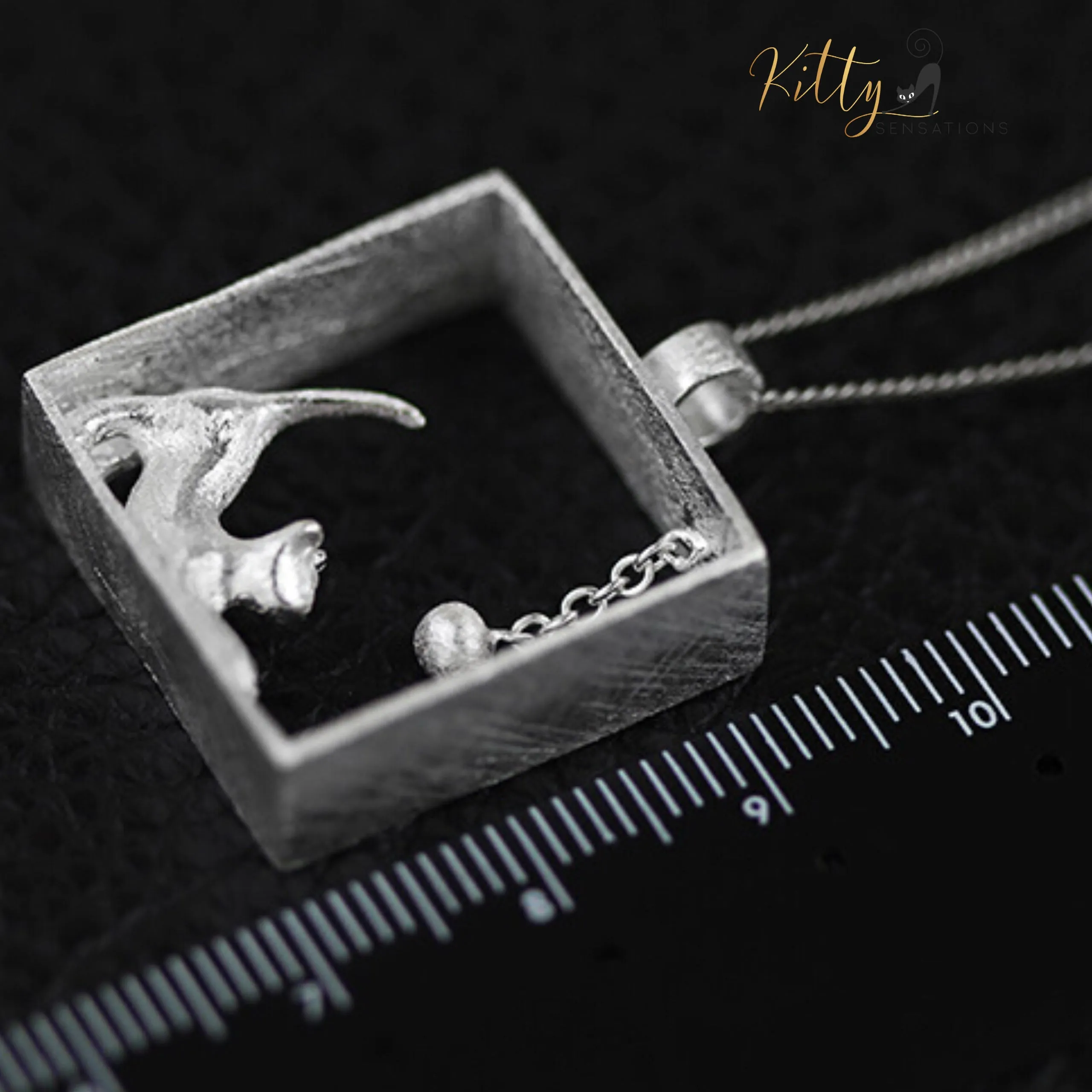 3D Playful-Kitty-in-Square-Frame Necklace in Solid 925 Sterling Silver