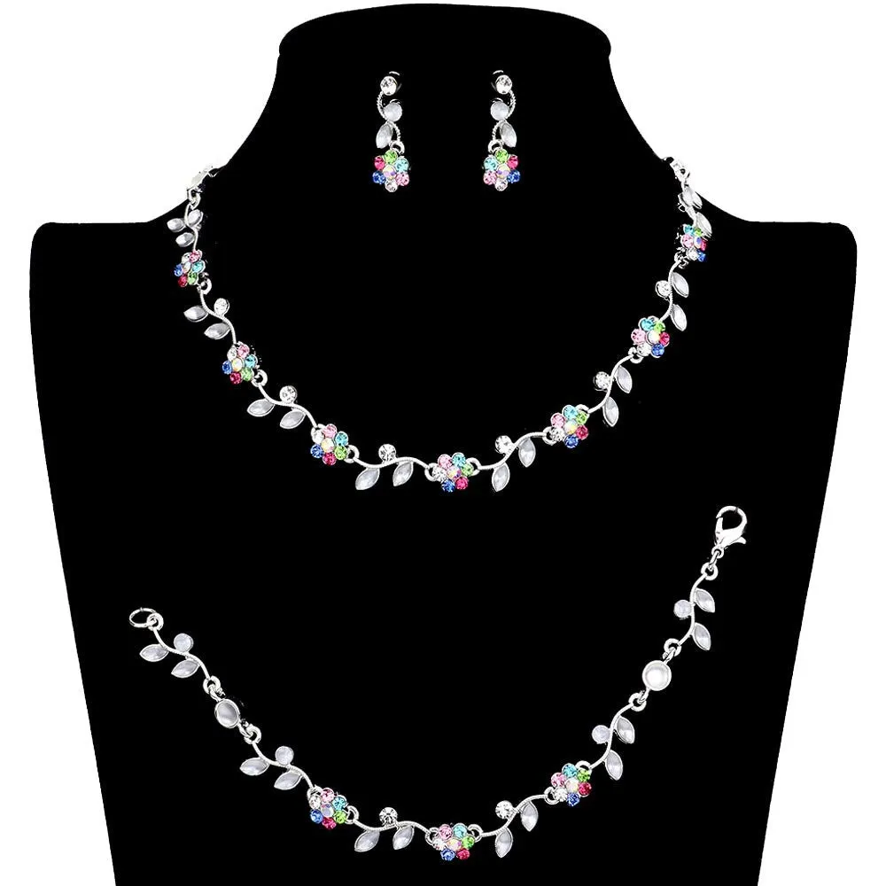 3PCS Flower Leaf Cluster Rhinestone Necklace Jewelry Set