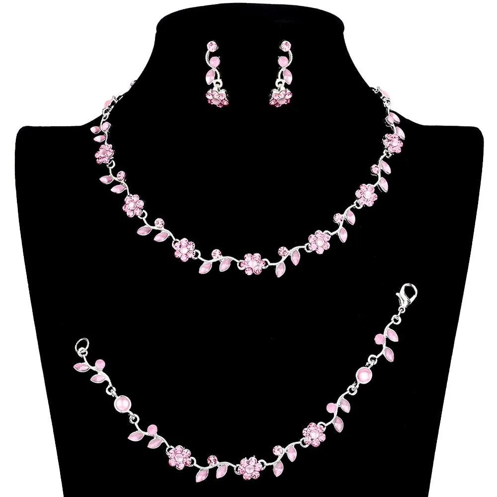 3PCS Flower Leaf Cluster Rhinestone Necklace Jewelry Set