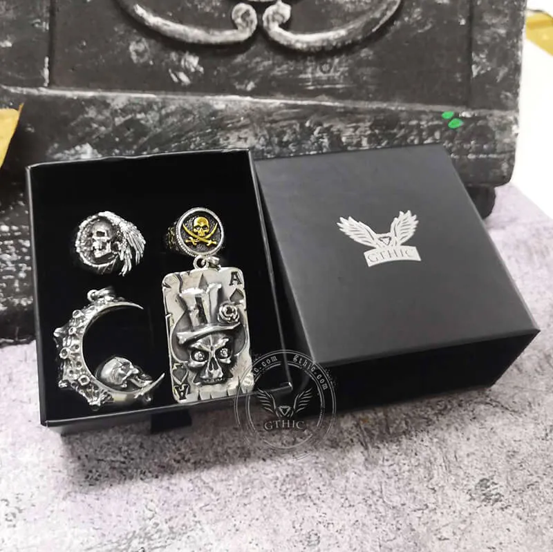 4 Pcs Skull Ring and Pendat Jewelry Set