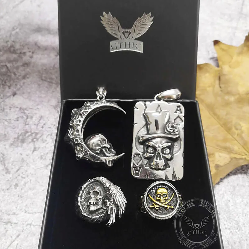 4 Pcs Skull Ring and Pendat Jewelry Set