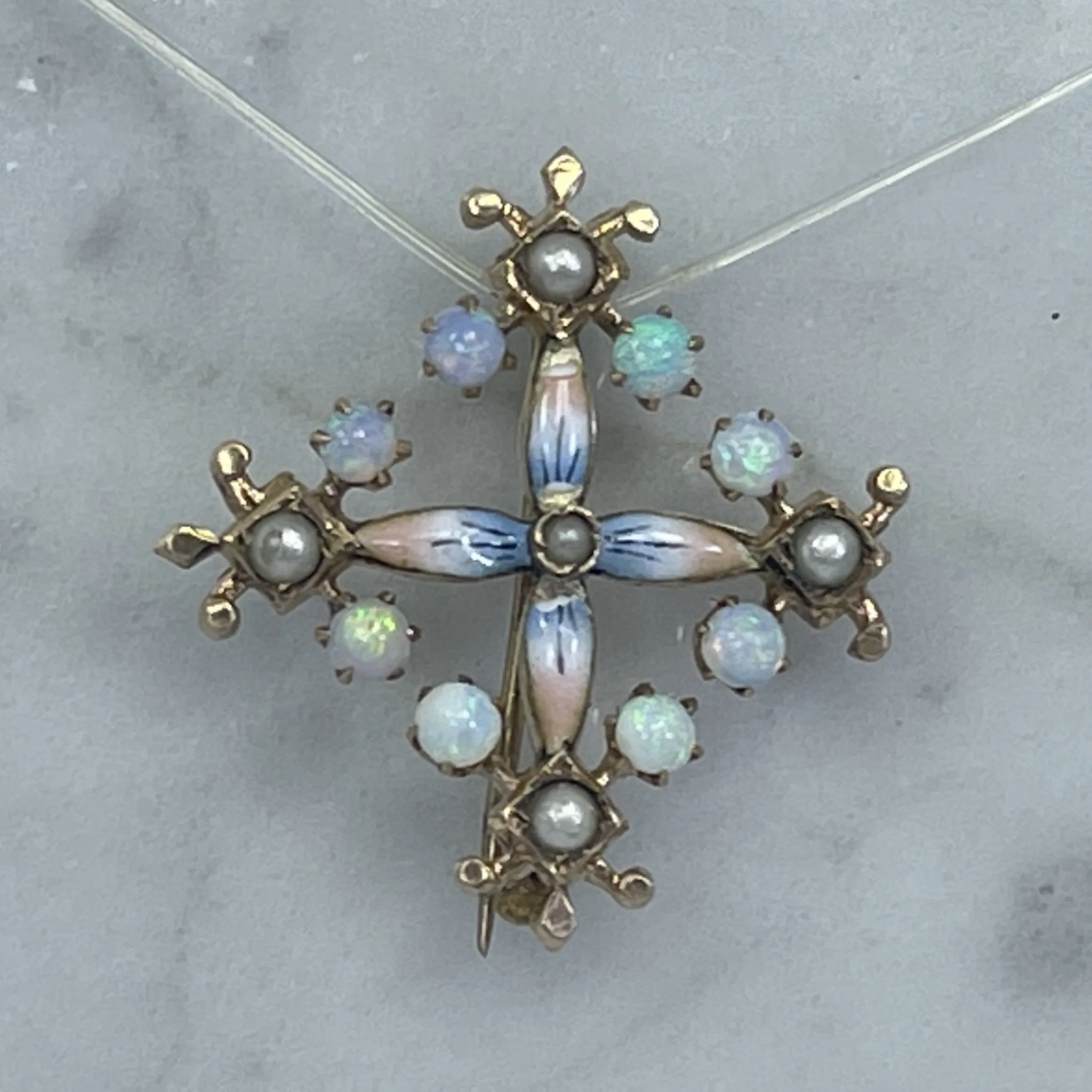 Antique Opal and Enamel Pendant or Brooch in 14k Yellow Gold Floral Design. Perfect Something Old.