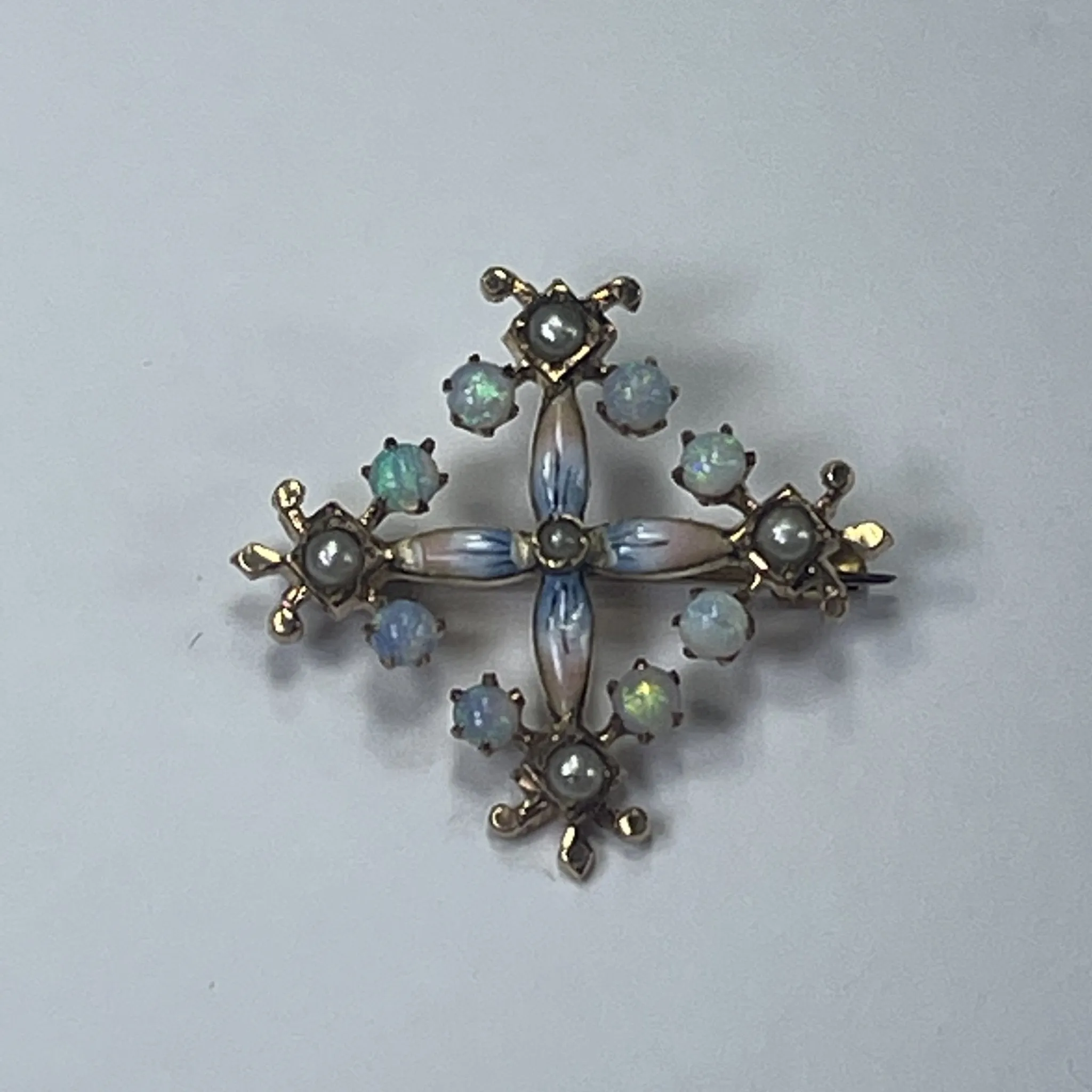 Antique Opal and Enamel Pendant or Brooch in 14k Yellow Gold Floral Design. Perfect Something Old.