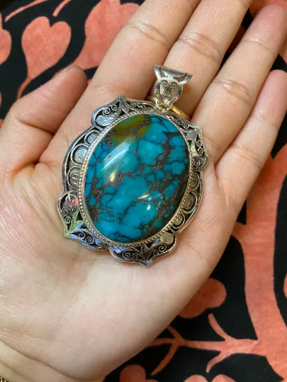 Antique Turquoise Pendant, Vintage Style Necklace, Silver Pendant, Women Jewelry, Crystal Pendant, Rare Turquoise Neck Piece