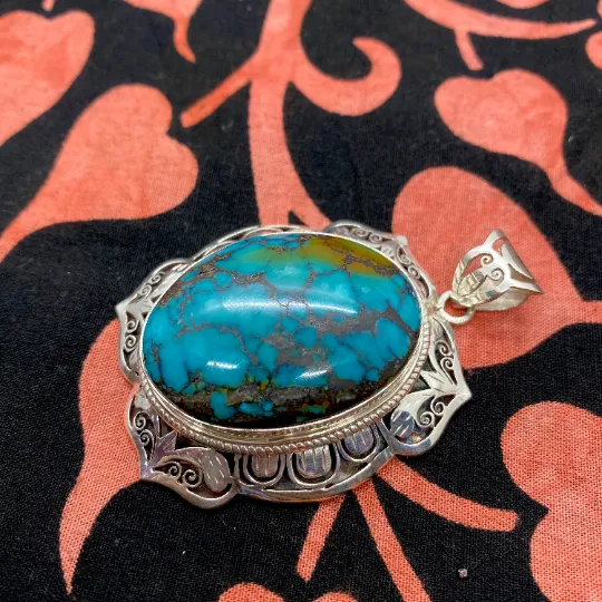 Antique Turquoise Pendant, Vintage Style Necklace, Silver Pendant, Women Jewelry, Crystal Pendant, Rare Turquoise Neck Piece