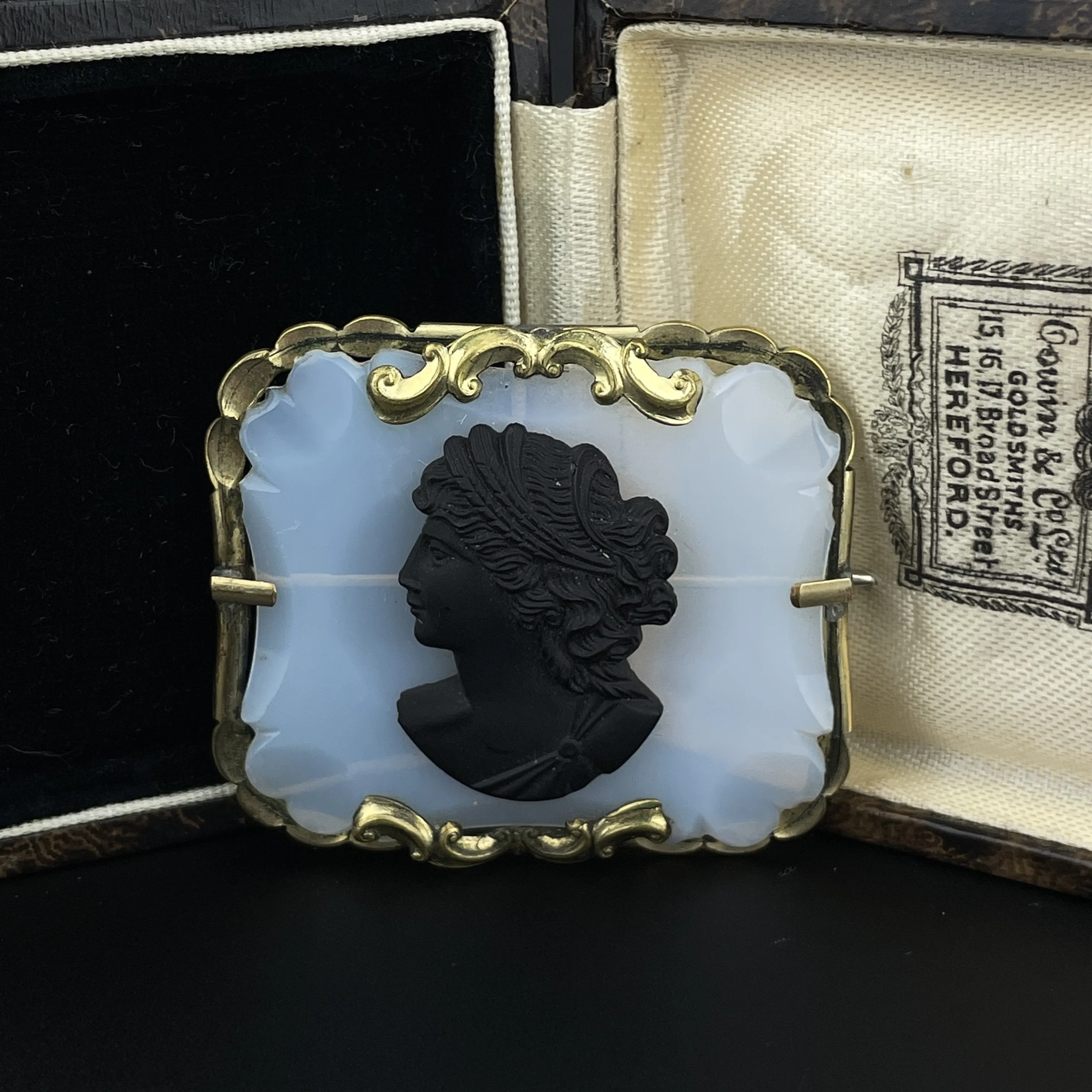 Antique Victorian Black Porcelain Cameo Chalcedony Brooch