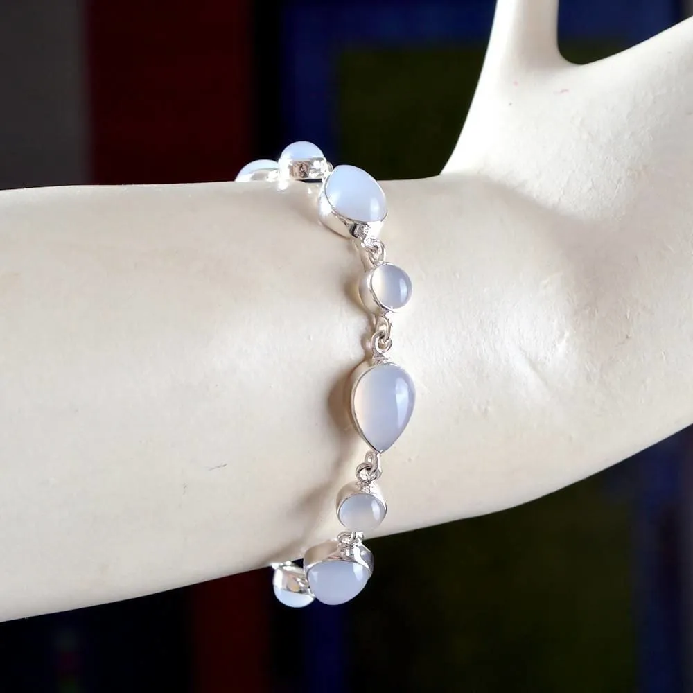 Beautiful Chalcedony Gemstone 925 Sterling Silver Link Bracelet Jewelry