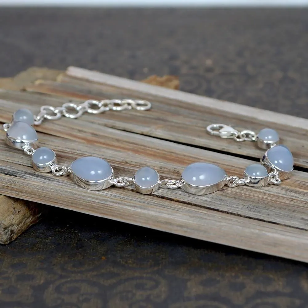 Beautiful Chalcedony Gemstone 925 Sterling Silver Link Bracelet Jewelry