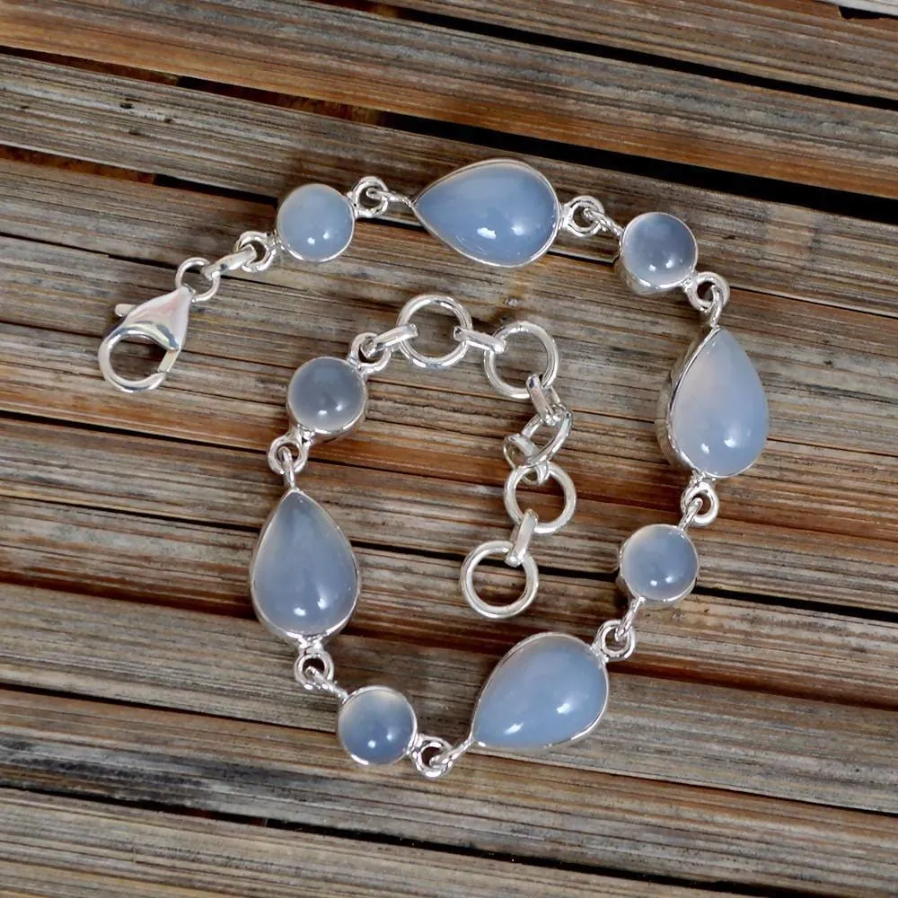 Beautiful Chalcedony Gemstone 925 Sterling Silver Link Bracelet Jewelry