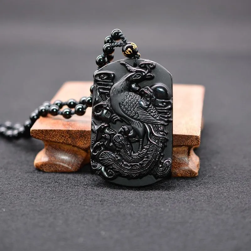 Carved Black Obsidian Phoenix Necklace