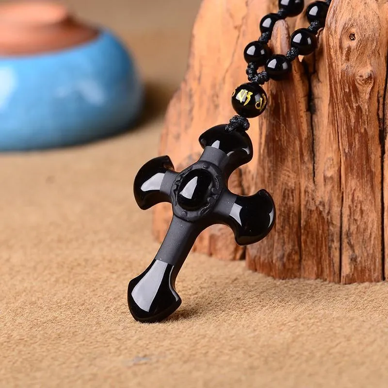 Carved Obsidian Cross Necklace