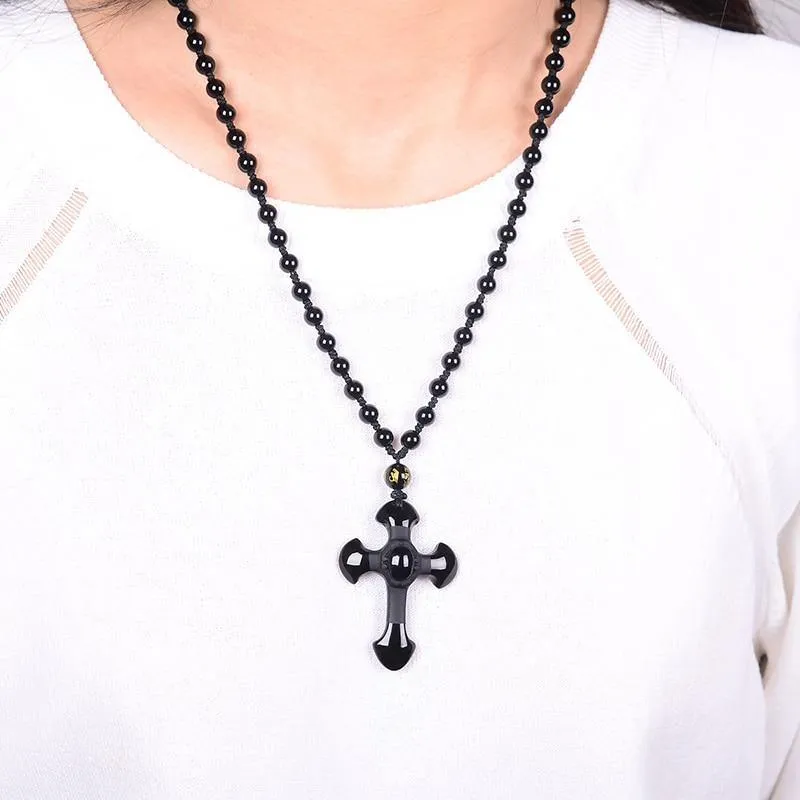 Carved Obsidian Cross Necklace