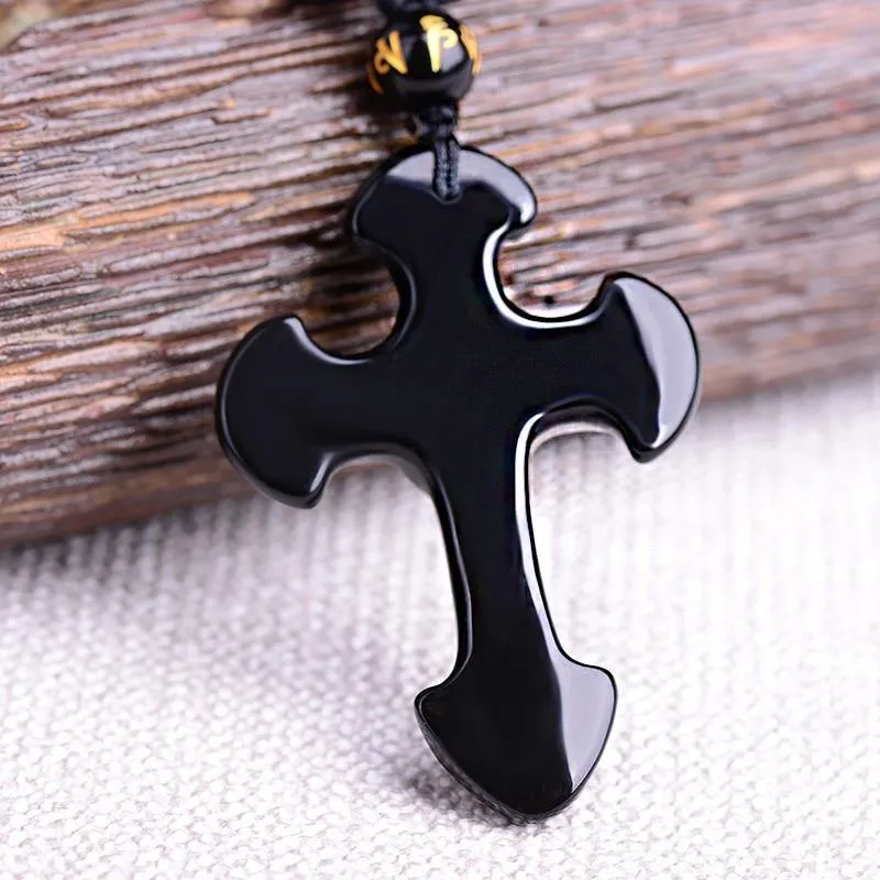 Carved Obsidian Cross Necklace