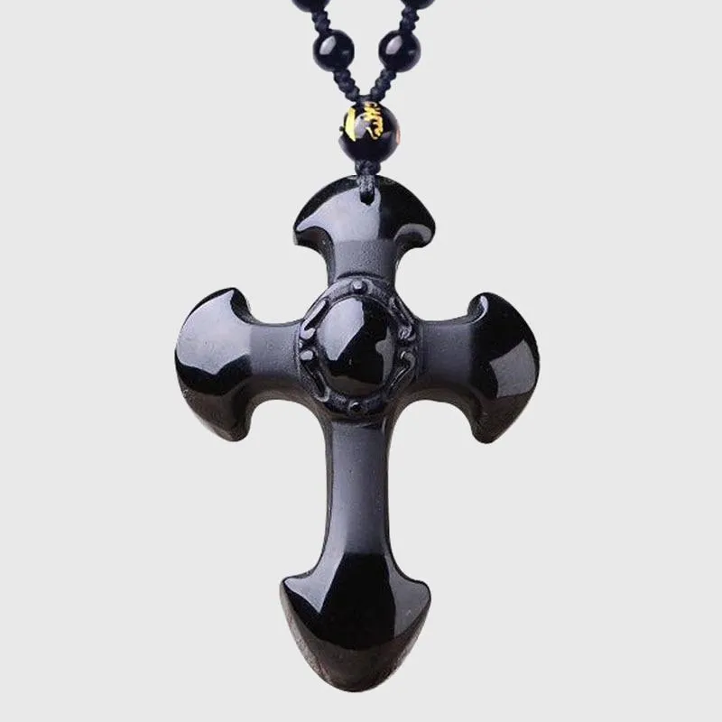 Carved Obsidian Cross Necklace