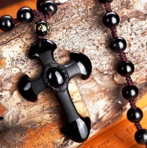 Carved Obsidian Cross Necklace