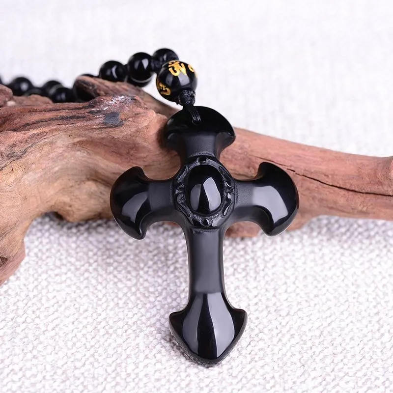 Carved Obsidian Cross Necklace