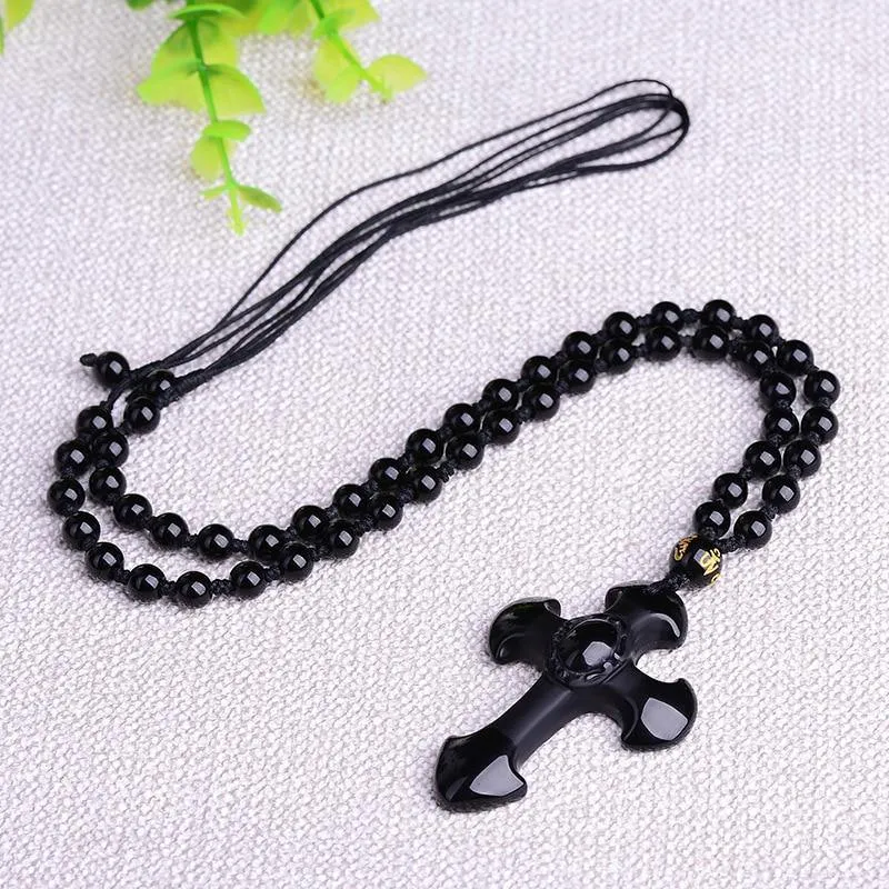 Carved Obsidian Cross Necklace