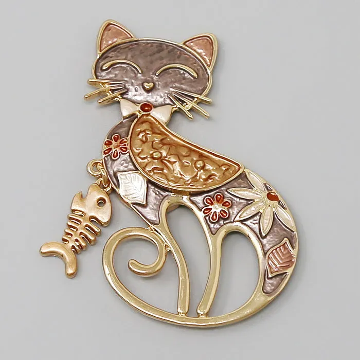 Cat With Fish Magnetic Brooch