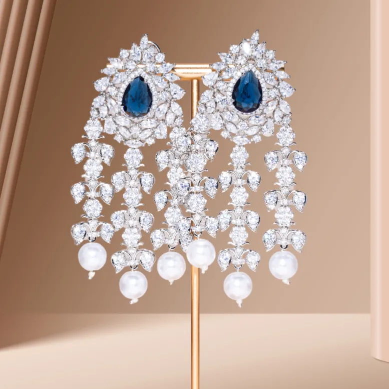 Dia Statement Waterfall Pearl Earrings Sapphire & White Gold By Jaipur Rose Luxury Indian Jewelry Online