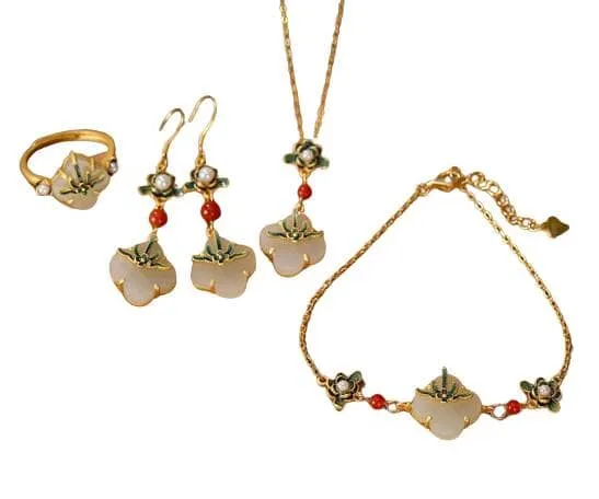 Four-Leaf Clover Enamel Hetian Jade Jewelry Set - S925