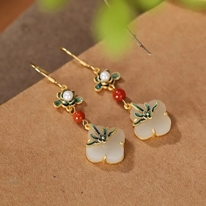 Four-Leaf Clover Enamel Hetian Jade Jewelry Set - S925