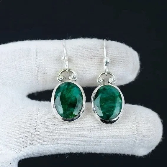 Indian Emerald 925 Sterling Silver Dangle Earrings Handmade Jewelry