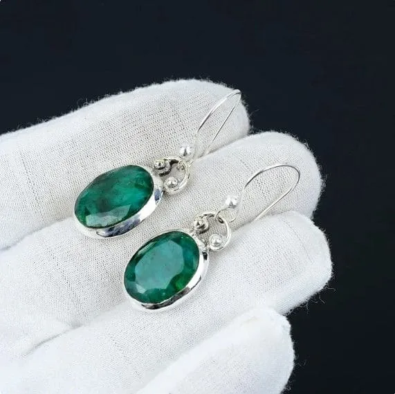 Indian Emerald 925 Sterling Silver Dangle Earrings Handmade Jewelry