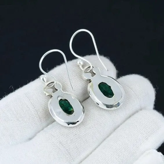 Indian Emerald 925 Sterling Silver Dangle Earrings Handmade Jewelry