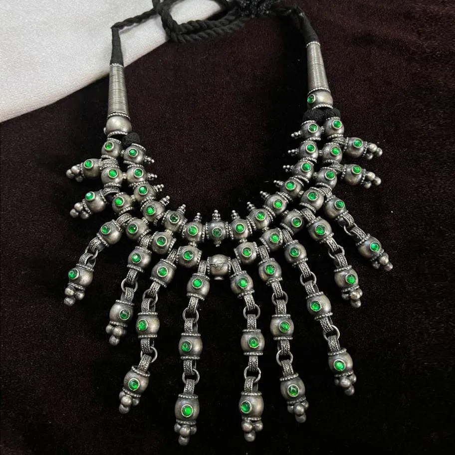 Indian Traditional Antique Silver Necklace jewelry, Handmade work with green stone necklace, women trending fashion Jewelry gift for love