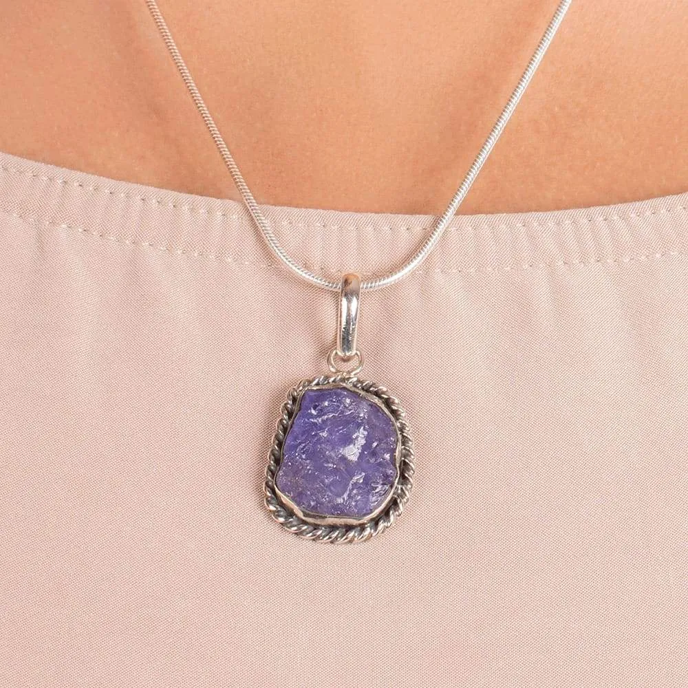 Natural Rough Violet Blue Tanzanite Gemstone Pendant, 925 Sterling Silver Handmade Gift Jewelry, Designer Tanzanite Gemstone, Handmade Jewelry