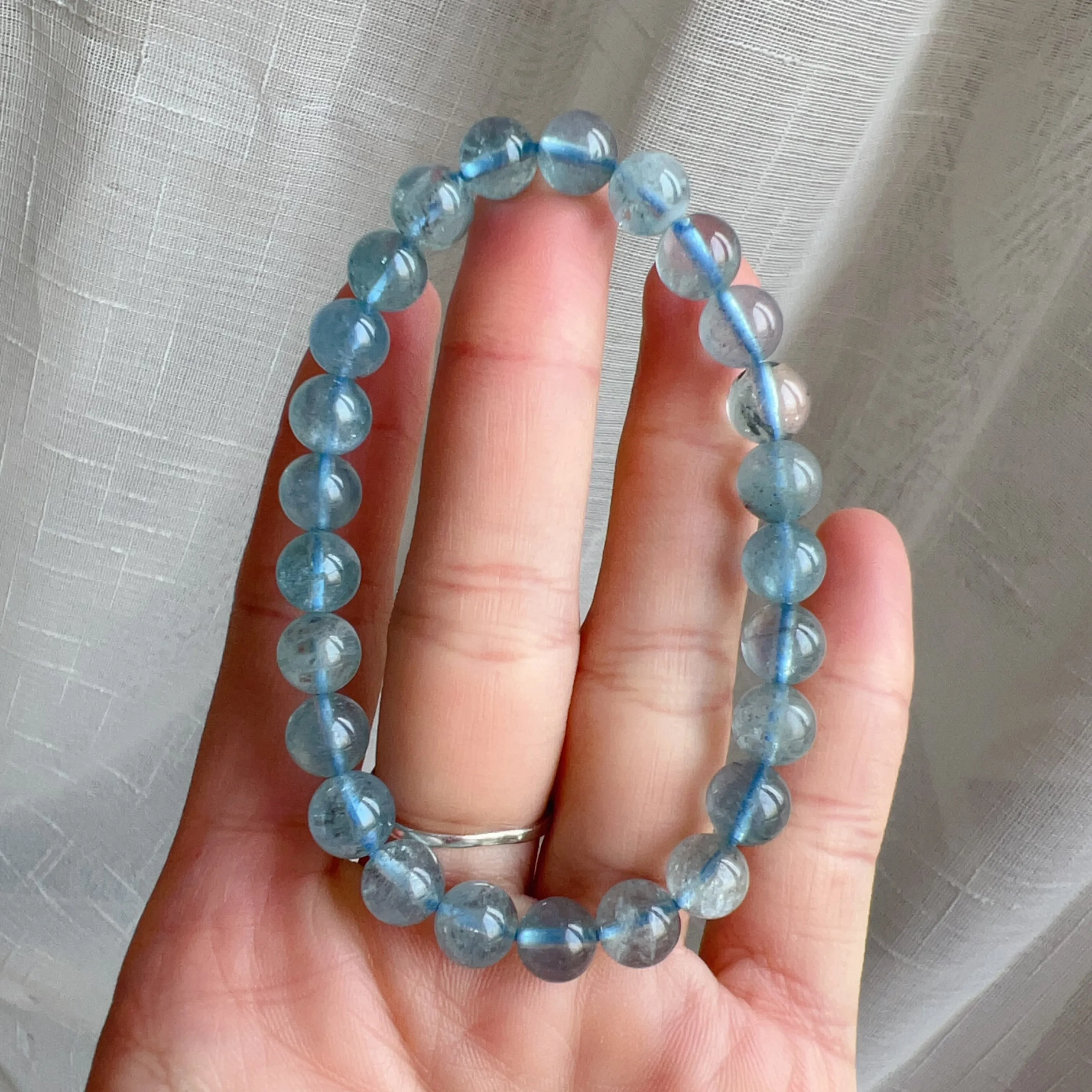 Natural Saint Maria Blue Aquamarine Beaded Bracelet with Sparkling | March Birthstone Pisces