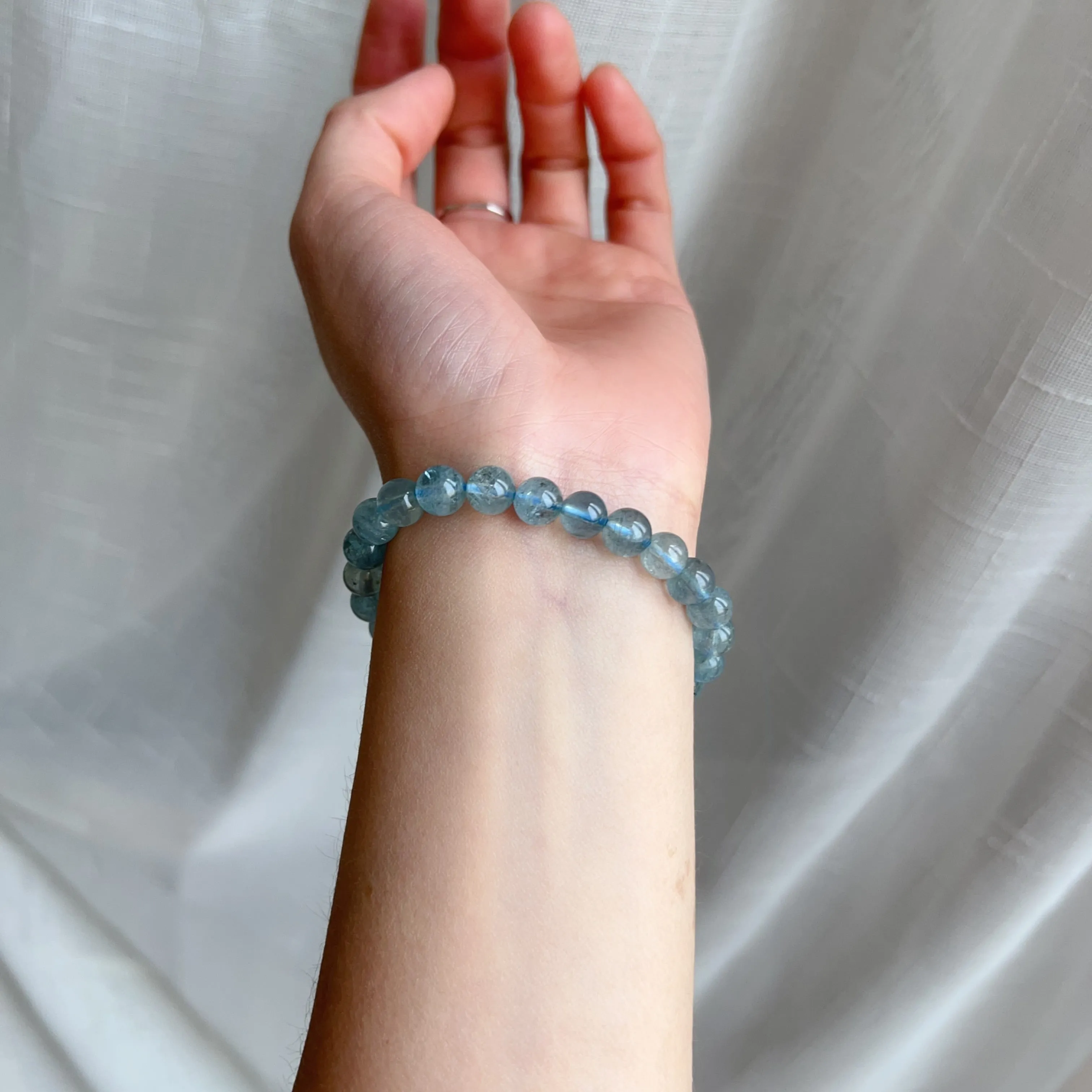 Natural Saint Maria Blue Aquamarine Beaded Bracelet with Sparkling | March Birthstone Pisces