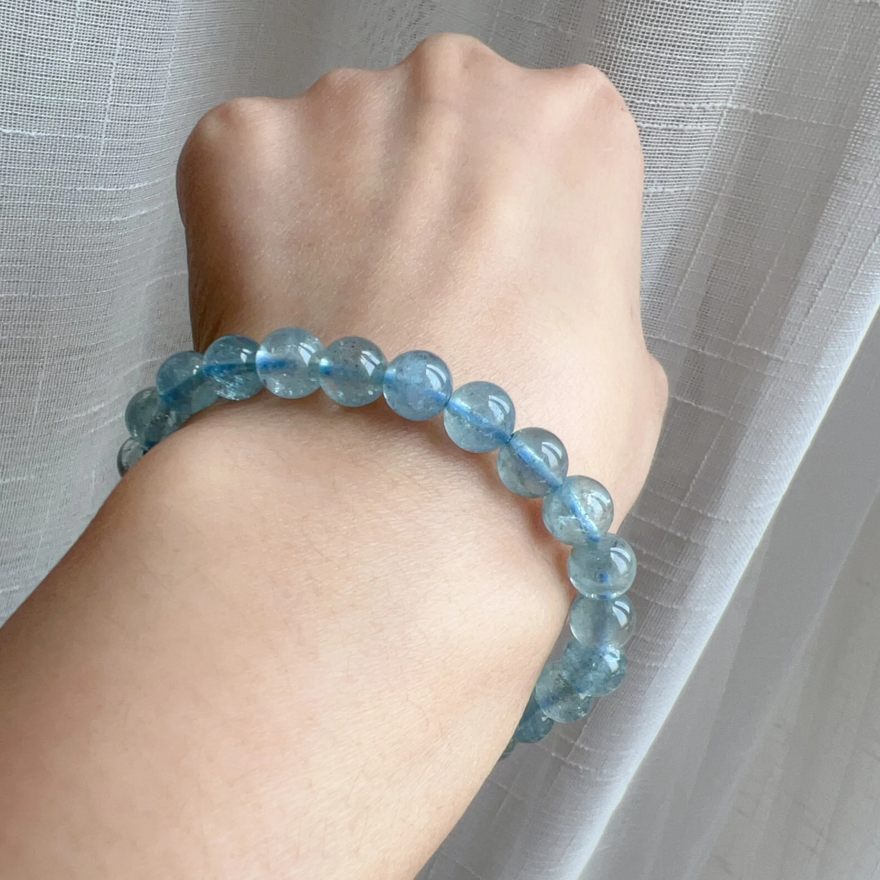 Natural Saint Maria Blue Aquamarine Beaded Bracelet with Sparkling | March Birthstone Pisces