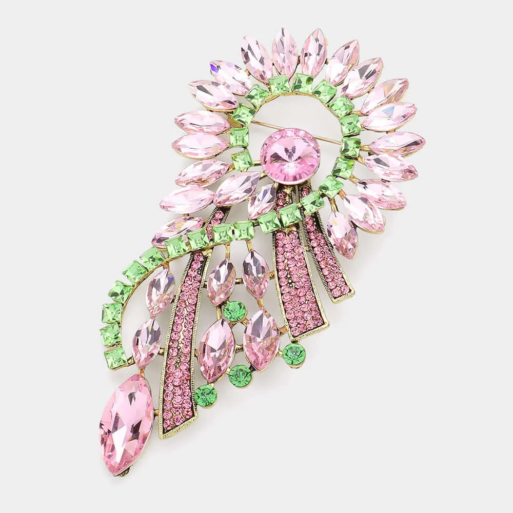 Pink and Green Marquise Cluster Pin Brooch