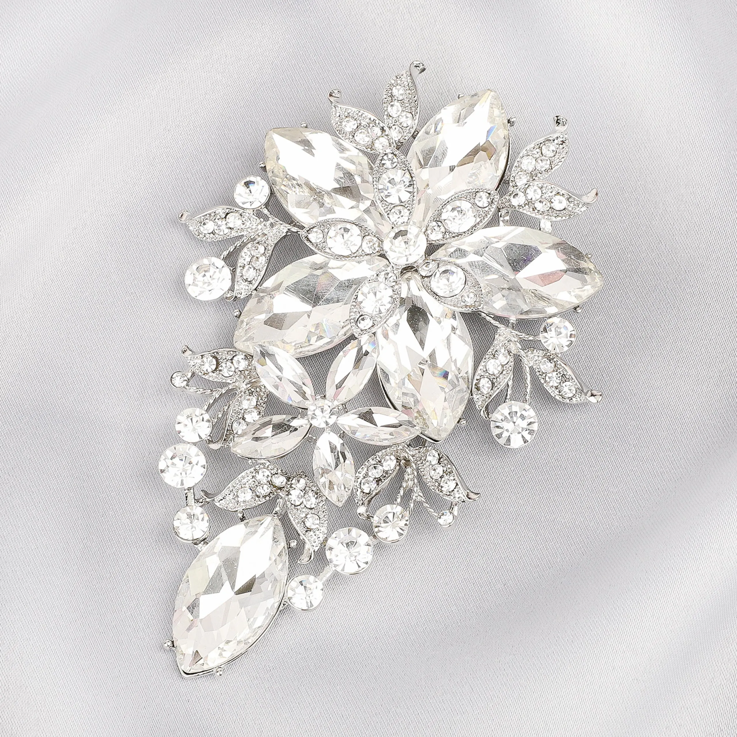 Piper Floral Statement Rhinestone Brooch - Silver