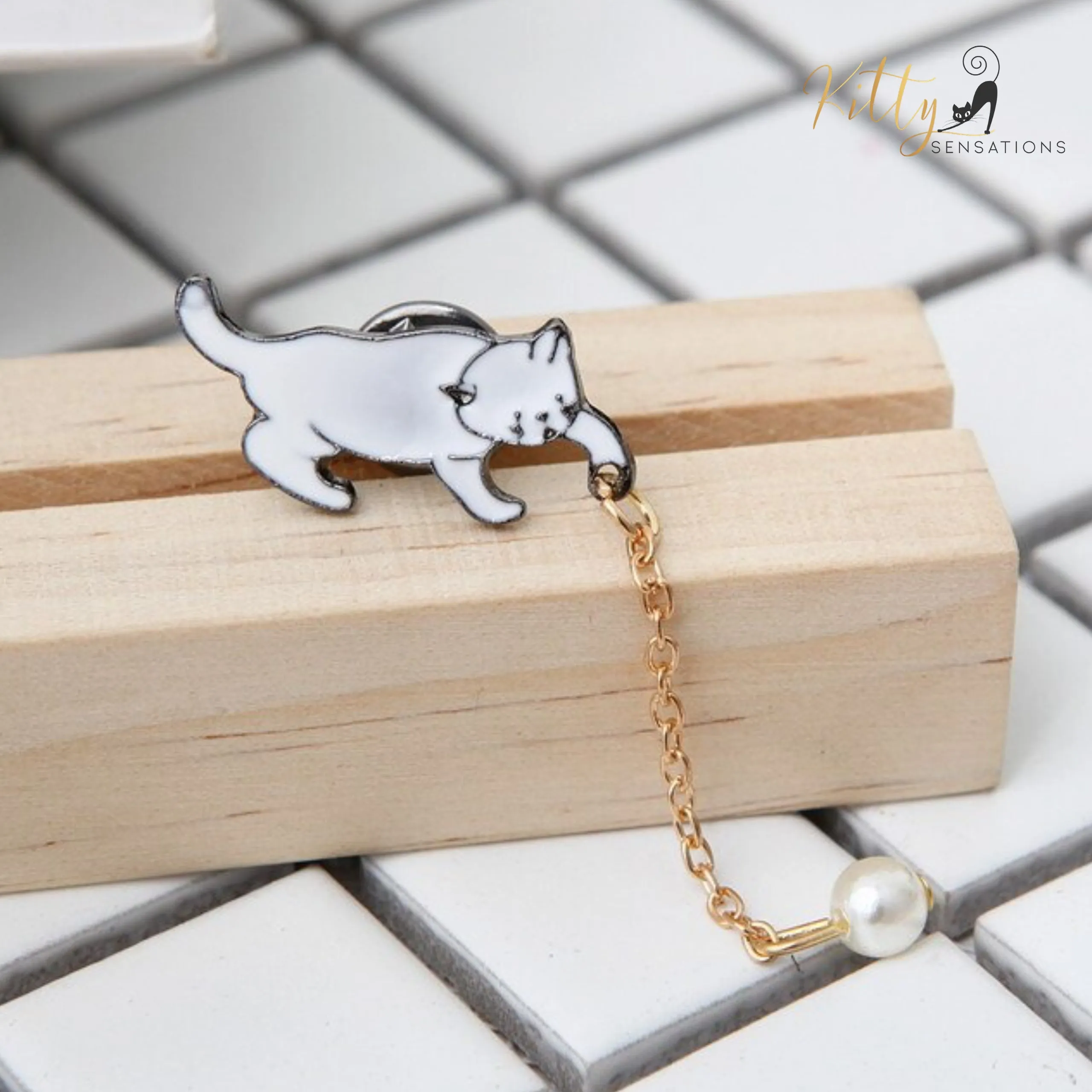 Playful Cat Lapel Pin / Brooch (Enamel Over Metal)